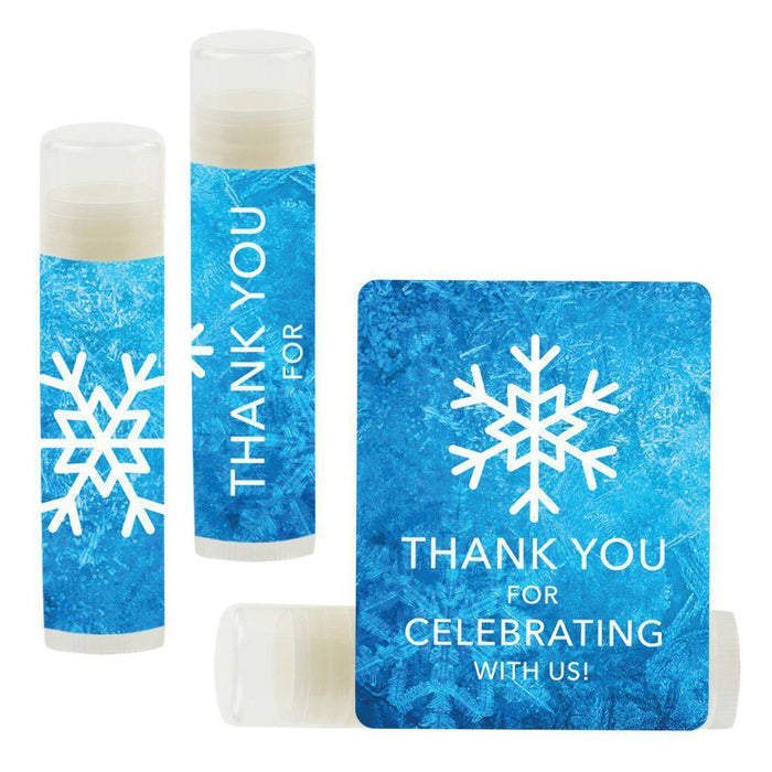 Lip Balm Birthday Party Favors, Thank You for Celebrating with Us-Set of 12-Andaz Press-Frozen Snowflake-