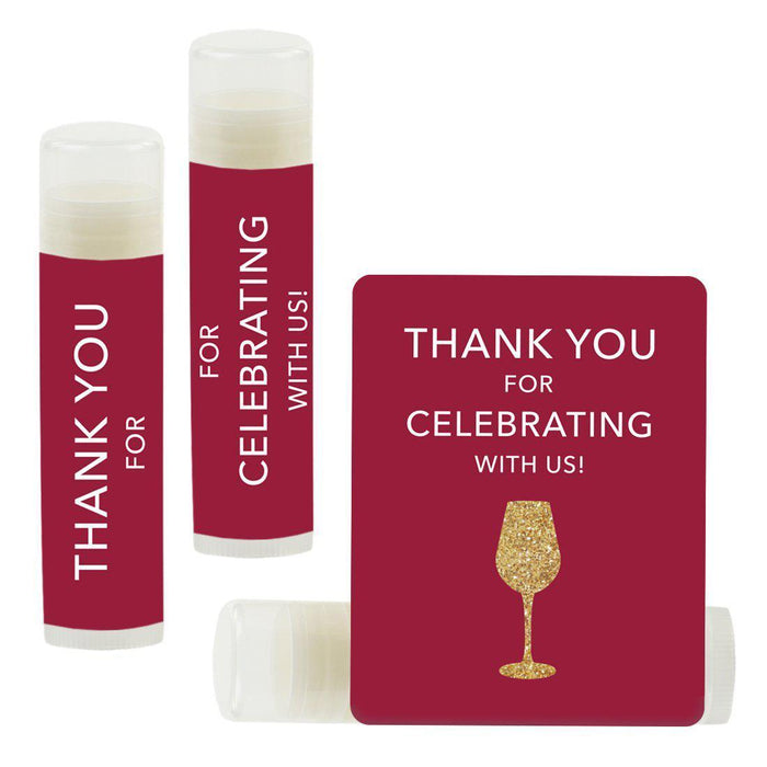 Lip Balm Birthday Party Favors, Thank You for Celebrating with Us-Set of 12-Andaz Press-Gold Glittering Wine Glass on Burgundy-