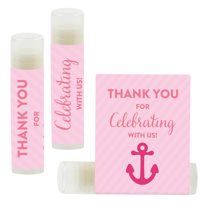 Lip Balm Birthday Party Favors, Thank You for Celebrating with Us-Set of 12-Andaz Press-Nautical Anchor Pink-