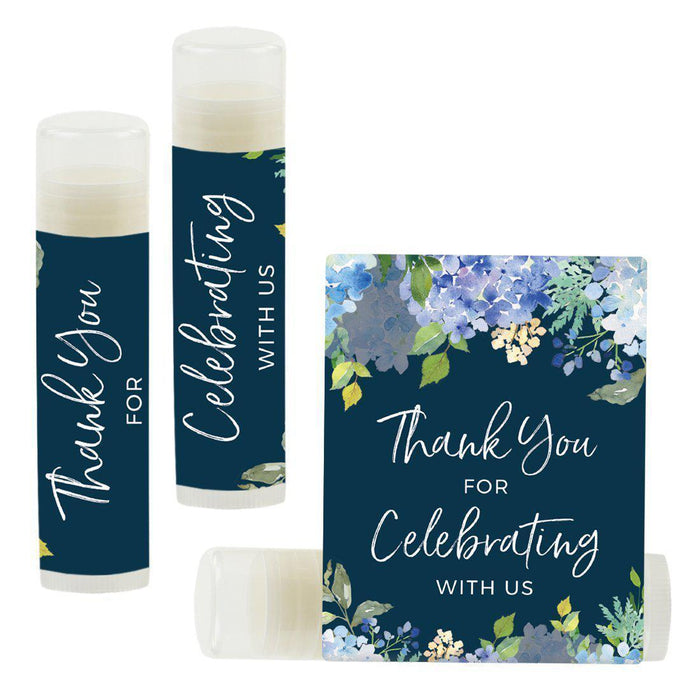 Lip Balm Birthday Party Favors, Thank You for Celebrating with Us-Set of 12-Andaz Press-Navy Blue Hydrangeas Floral Flowers-