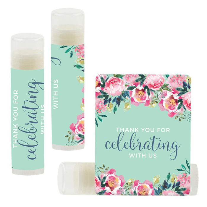 Lip Balm Birthday Party Favors, Thank You for Celebrating with Us-Set of 12-Andaz Press-Pink Peonies Floral-