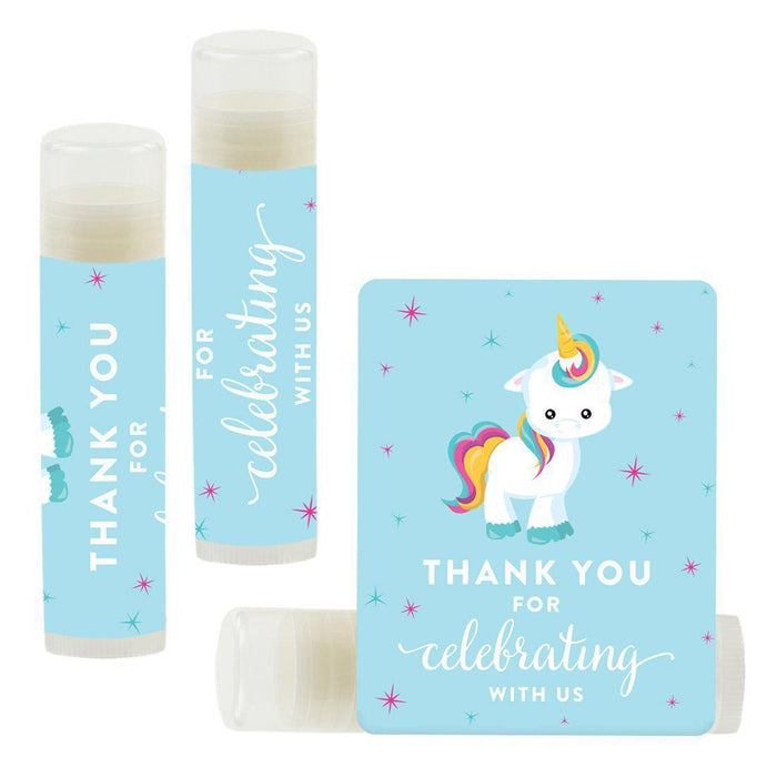Lip Balm Birthday Party Favors, Thank You for Celebrating with Us-Set of 12-Andaz Press-Pink Unicorn and Rainbow-