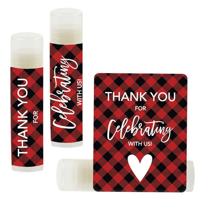 Lip Balm Birthday Party Favors, Thank You for Celebrating with Us-Set of 12-Andaz Press-Red Lumberjack Plaid-
