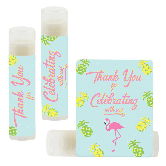 Lip Balm Birthday Party Favors, Thank You for Celebrating with Us-Set of 12-Andaz Press-Tropical Miami Flamingo Pineapple-