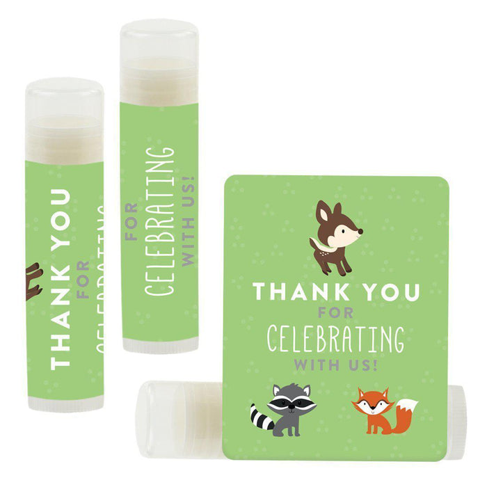 Lip Balm Birthday Party Favors, Thank You for Celebrating with Us-Set of 12-Andaz Press-Woodland Animals Fox and Deer-