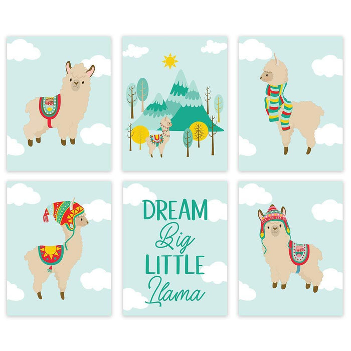 Llama Theme Nursery Room Hanging Wall Art-Set of 6-Andaz Press-Aqua Llama Sky Clouds, Dream Big Little Llama-