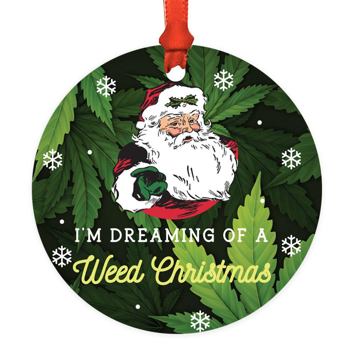 Marijuana Pot Cannabis Weed Round Metal Christmas Ornaments-Set of 1-Andaz Press-Dreaming Of A Weed Christmas-