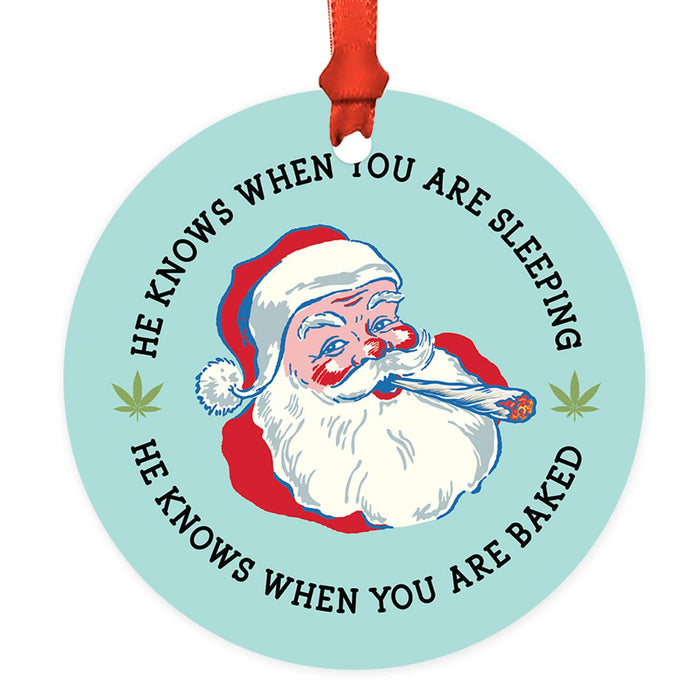 Marijuana Pot Cannabis Weed Round Metal Christmas Ornaments-Set of 1-Andaz Press-He Knows When You Are Baked-