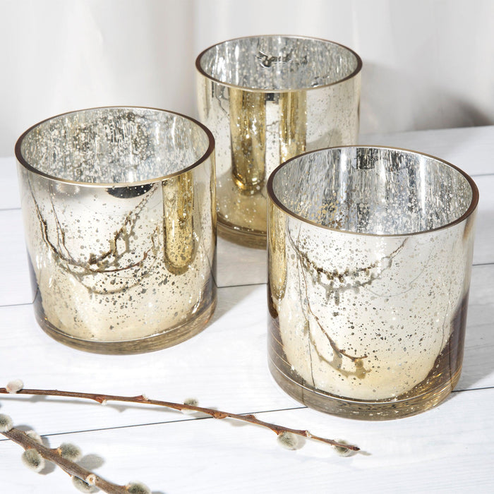 Mercury Glass Cylinder Vase | Short Floating Candle Centerpiece Hurricanes-Set of 6-Koyal Wholesale-Gold-4 x 4-