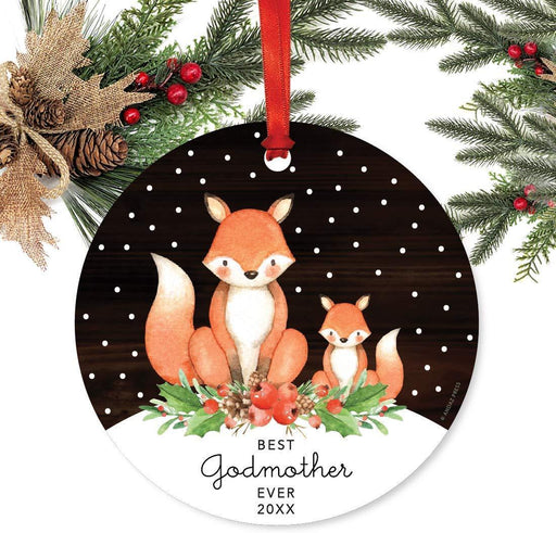 Metal Christmas Ornament, Best Godmother Ever, Custom Year, Watercolor Fox in Snow-Set of 1-Andaz Press-