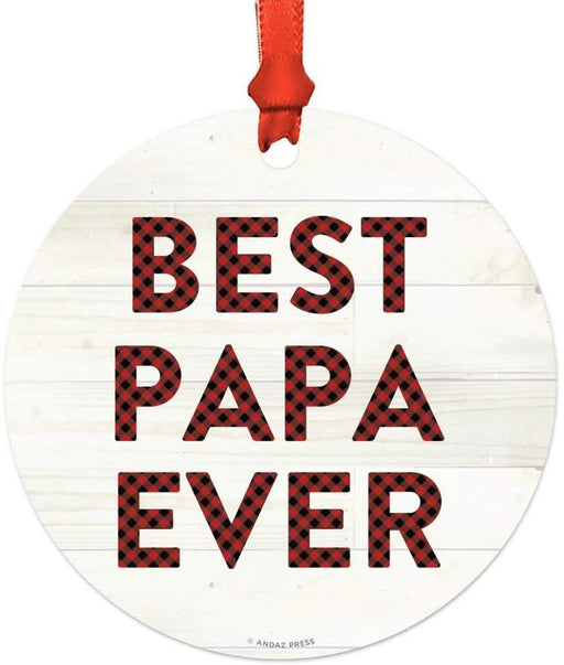 Metal Christmas Ornament, Best Papa Ever, Red Plaid on Light Rustic Wood-Set of 1-Andaz Press-