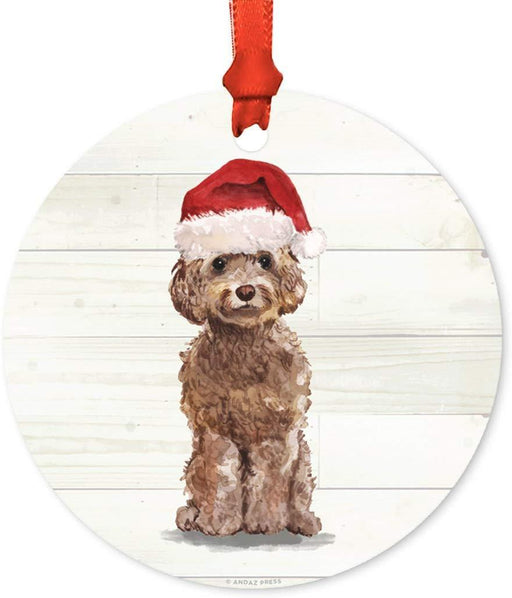 Metal Christmas Ornament, Brown Cockapoo with Santa Hat-Set of 1-Andaz Press-