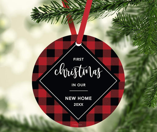Metal Christmas Ornament, First Christmas in Our New Home, Custom Year, Modern Buffalo Red Black Plaid-Set of 1-Andaz Press-
