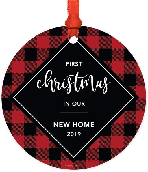 Metal Christmas Ornament, First Christmas in Our New Home, Custom Year, Modern Buffalo Red Black Plaid-Set of 1-Andaz Press-