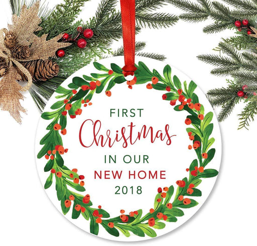 Metal Christmas Ornament, First Christmas in Our New Home, Custom Year, Red Green Holiday Wreath-Set of 1-Andaz Press-