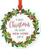 Metal Christmas Ornament, First Christmas in Our New Home, Custom Year, Red Green Holiday Wreath-Set of 1-Andaz Press-
