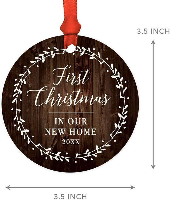 Metal Christmas Ornament, First Christmas in Our New Home, Custom Year, Rustic Wood Florals-Set of 1-Andaz Press-