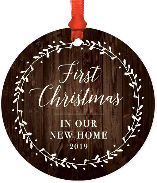 Metal Christmas Ornament, First Christmas in Our New Home, Custom Year, Rustic Wood Florals-Set of 1-Andaz Press-