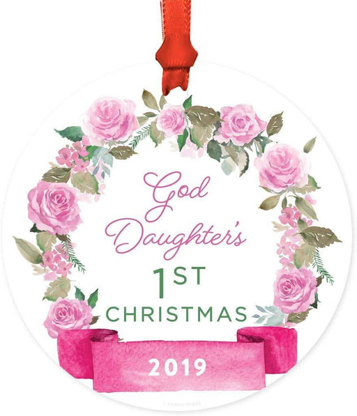 Metal Christmas Ornament, Goddaughter's 1st Christmas, Custom Year, Pink Flowers Banner-Set of 1-Andaz Press-