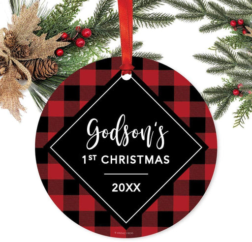 Metal Christmas Ornament, Godson's 1st Christmas, Custom Year, Modern Buffalo Red Black Plaid-Set of 1-Andaz Press-
