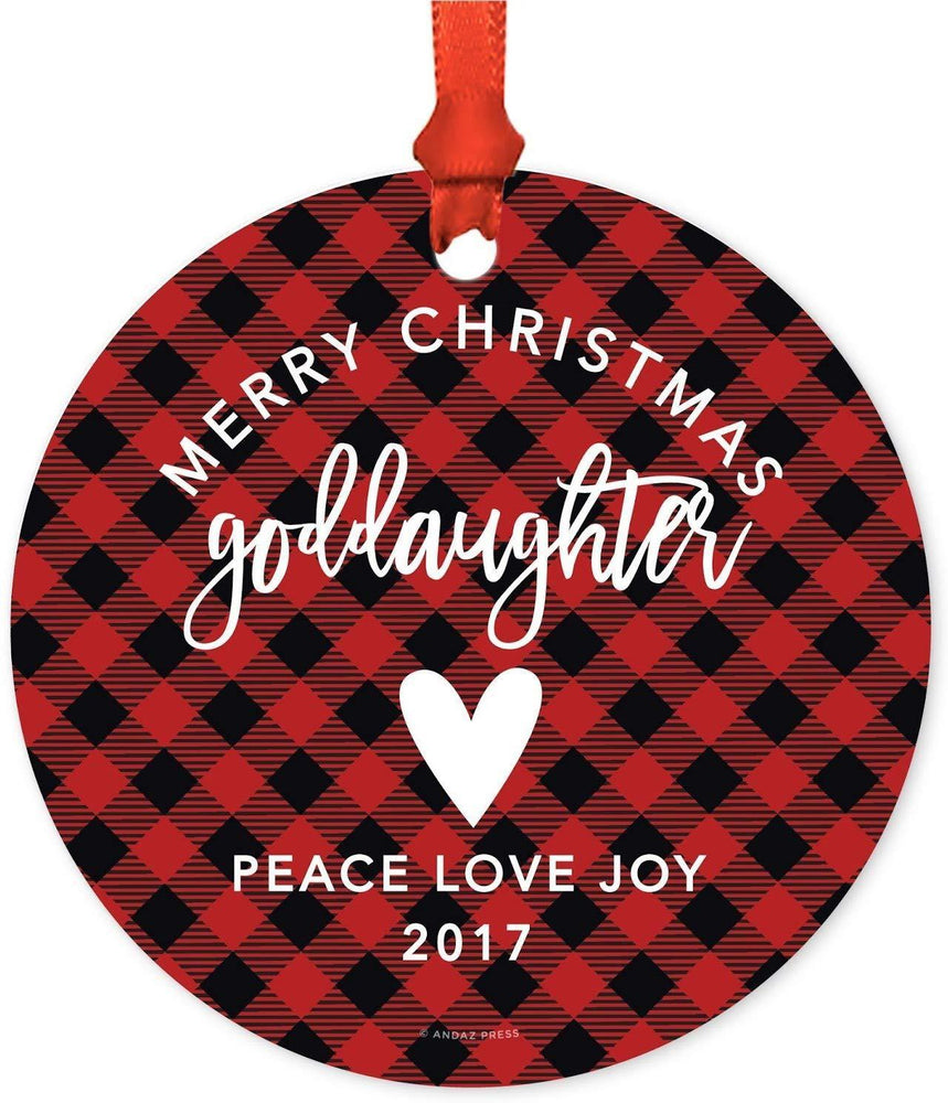 Metal Christmas Ornament, Merry Christmas Goddaughter, Custom Year, Country Lumberjack Buffalo Red Plaid-Set of 1-Andaz Press-