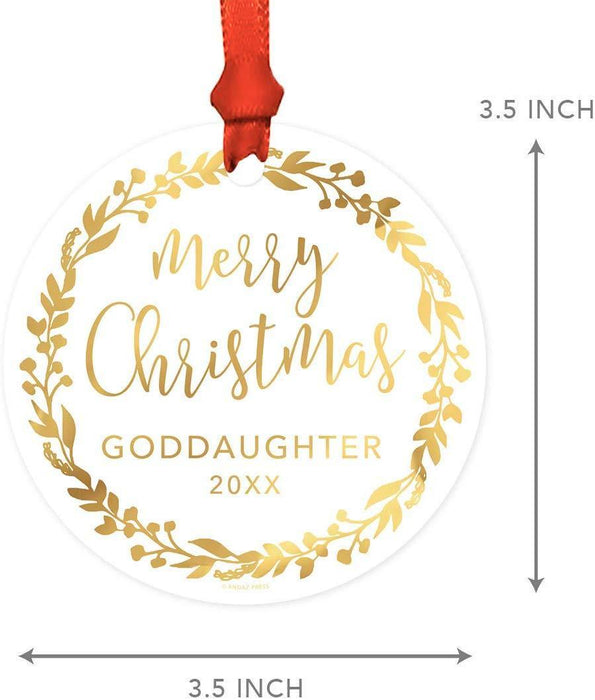 Metal Christmas Ornament, Merry Christmas Goddaughter, Custom Year, Gold Holiday Wreath-Set of 1-Andaz Press-