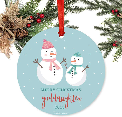 Metal Christmas Ornament, Merry Christmas Goddaughter, Custom Year, Holiday Snowman-Set of 1-Andaz Press-