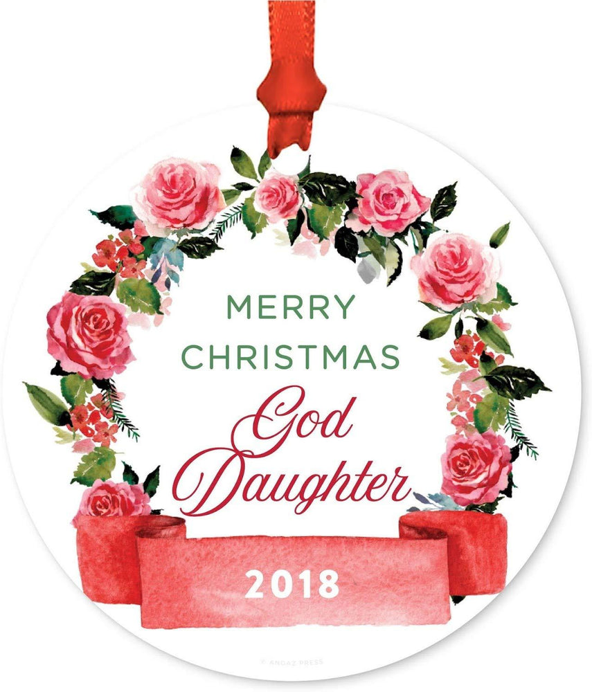 Metal Christmas Ornament, Merry Christmas Goddaughter, Custom Year, Red Flowers Banner-Set of 1-Andaz Press-