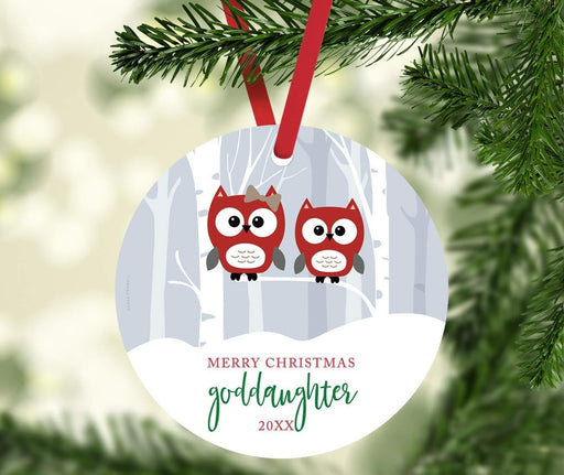 Metal Christmas Ornament, Merry Christmas Goddaughter, Custom Year, Red Holiday Woodland Owls-Set of 1-Andaz Press-