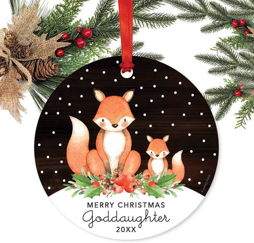 Metal Christmas Ornament, Merry Christmas Goddaughter, Custom Year, Watercolor Fox in Snow-Set of 1-Andaz Press-