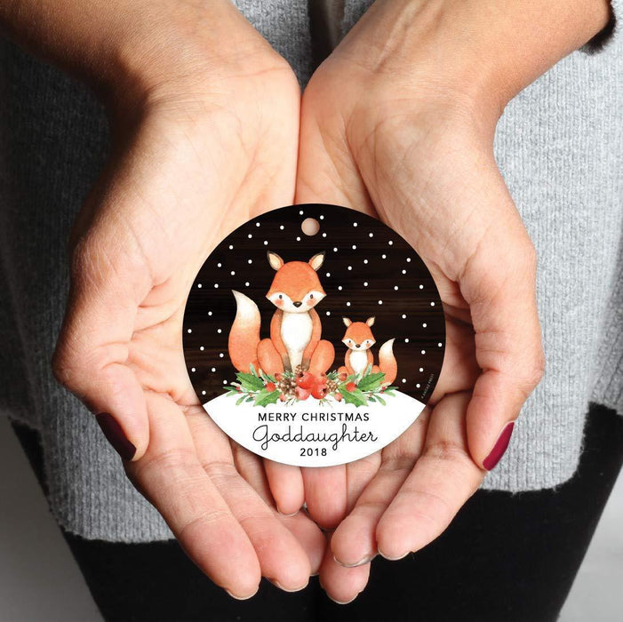 Metal Christmas Ornament, Merry Christmas Goddaughter, Custom Year, Watercolor Fox in Snow-Set of 1-Andaz Press-
