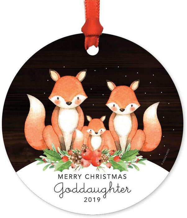Metal Christmas Ornament, Merry Christmas Goddaughter, Custom Year, Watercolor Fox in Snow-Set of 1-Andaz Press-