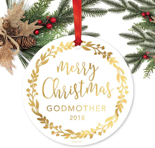 Metal Christmas Ornament, Merry Christmas Godmother, Custom Year, Gold Holiday Wreath-Set of 1-Andaz Press-