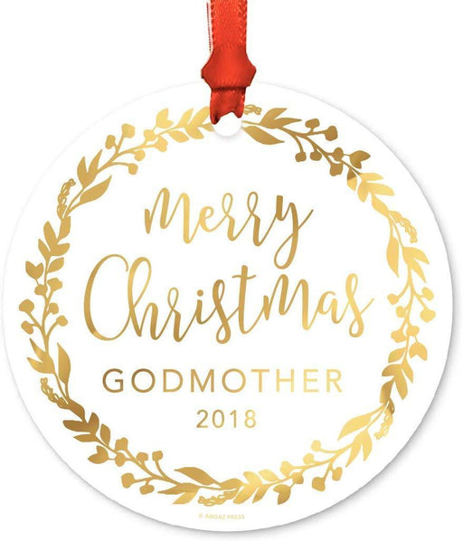 Metal Christmas Ornament, Merry Christmas Godmother, Custom Year, Gold Holiday Wreath-Set of 1-Andaz Press-