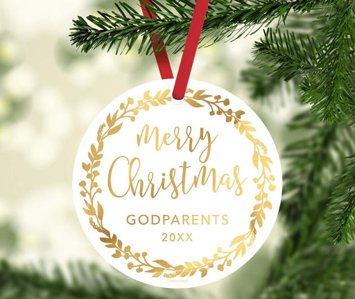 Metal Christmas Ornament, Merry Christmas Godparents, Custom Year, Gold Holiday Wreath-Set of 1-Andaz Press-