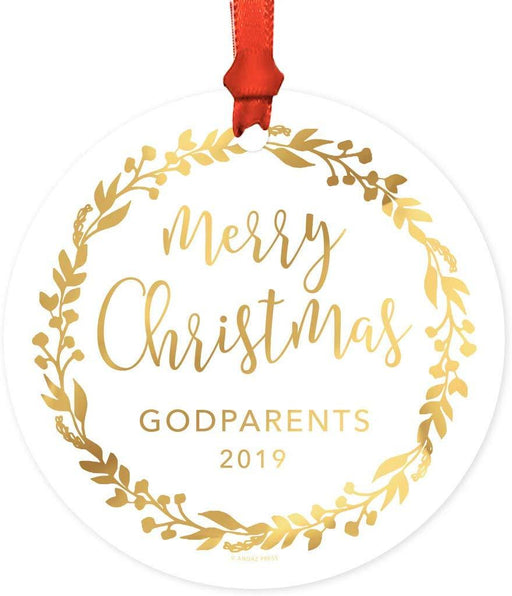 Metal Christmas Ornament, Merry Christmas Godparents, Custom Year, Gold Holiday Wreath-Set of 1-Andaz Press-