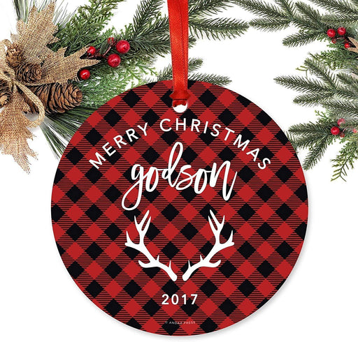 Metal Christmas Ornament, Merry Christmas Godson, Custom Year, Deer Antlers Country Lumberjack Buffalo Red Plaid-Set of 1-Andaz Press-