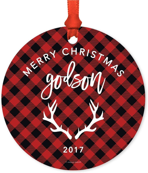 Metal Christmas Ornament, Merry Christmas Godson, Custom Year, Deer Antlers Country Lumberjack Buffalo Red Plaid-Set of 1-Andaz Press-