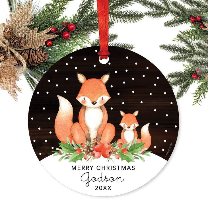 Metal Christmas Ornament, Merry Christmas Godson, Custom Year, Watercolor Fox in Snow-Set of 1-Andaz Press-
