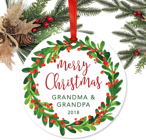 Metal Christmas Ornament, Merry Christmas Grandma and Grandpa, Custom Year, Red Green Holiday Wreath-Set of 1-Andaz Press-