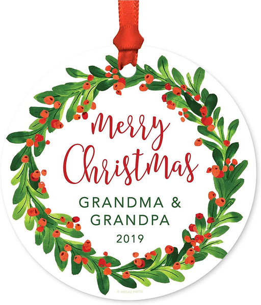 Metal Christmas Ornament, Merry Christmas Grandma and Grandpa, Custom Year, Red Green Holiday Wreath-Set of 1-Andaz Press-
