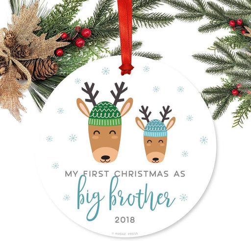 Metal Christmas Ornament, My First Christmas As Big Brother, Custom Year, Holiday Reindeer Snowflakes-Set of 1-Andaz Press-
