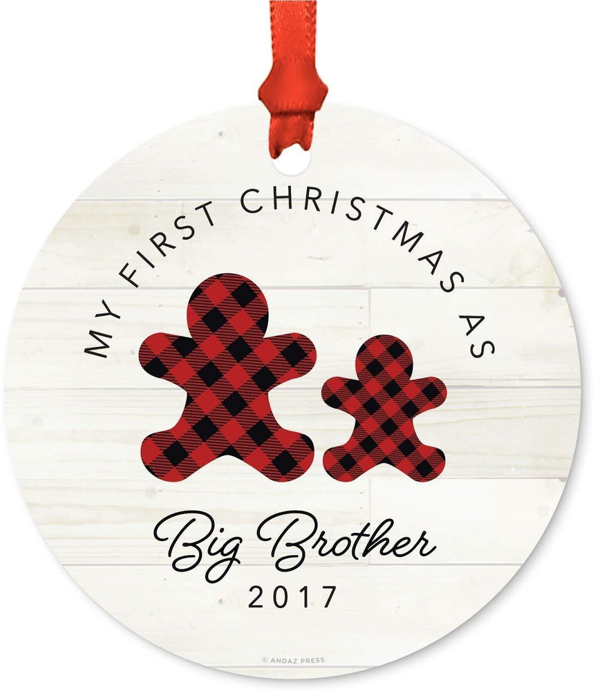 Metal Christmas Ornament, My First Christmas As Big Brother, Custom Year, Lumberjack Buffalo Red Plaid-Set of 1-Andaz Press-