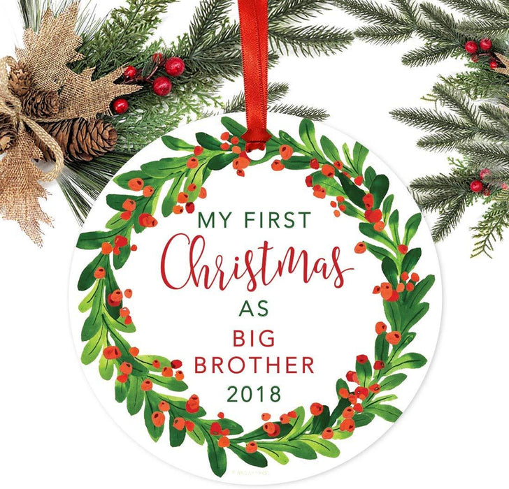 Metal Christmas Ornament, My First Christmas As Big Brother, Custom Year, Red Green Holiday Wreath-Set of 1-Andaz Press-