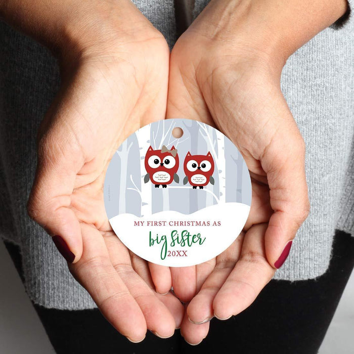 Metal Christmas Ornament, My First Christmas As Big Sister, Custom Year, Red Holiday Woodland Owls-Set of 1-Andaz Press-