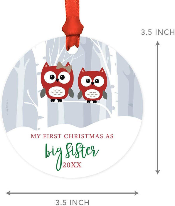 Metal Christmas Ornament, My First Christmas As Big Sister, Custom Year, Red Holiday Woodland Owls-Set of 1-Andaz Press-
