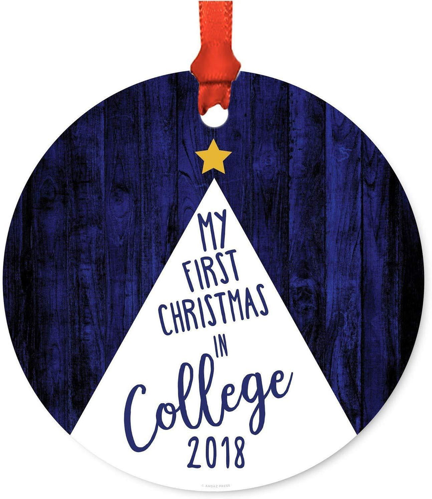 Metal Christmas Ornament, My First Christmas in College, Custom Year, Watercolor Christmas Tree-Set of 1-Andaz Press-