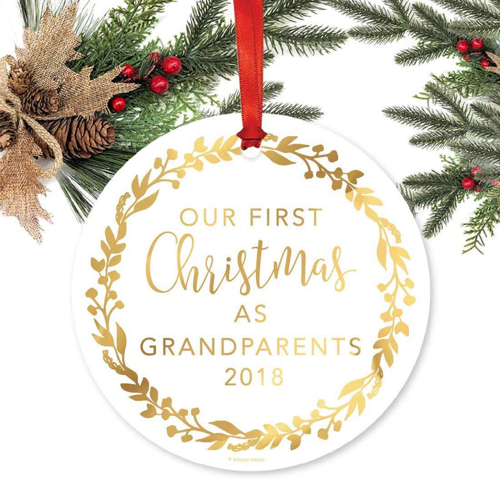 Metal Christmas Ornament, Our First Christmas As Grandparents, Custom Year, Gold Holiday Wreath-Set of 1-Andaz Press-