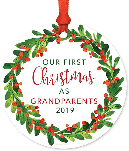 Metal Christmas Ornament, Our First Christmas As Grandparents, Custom Year, Red Green Holiday Wreath-Set of 1-Andaz Press-
