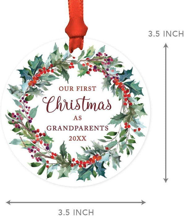 Metal Christmas Ornament, Our First Christmas As Grandparents, Custom Year, Red Holiday Wreath-Set of 1-Andaz Press-